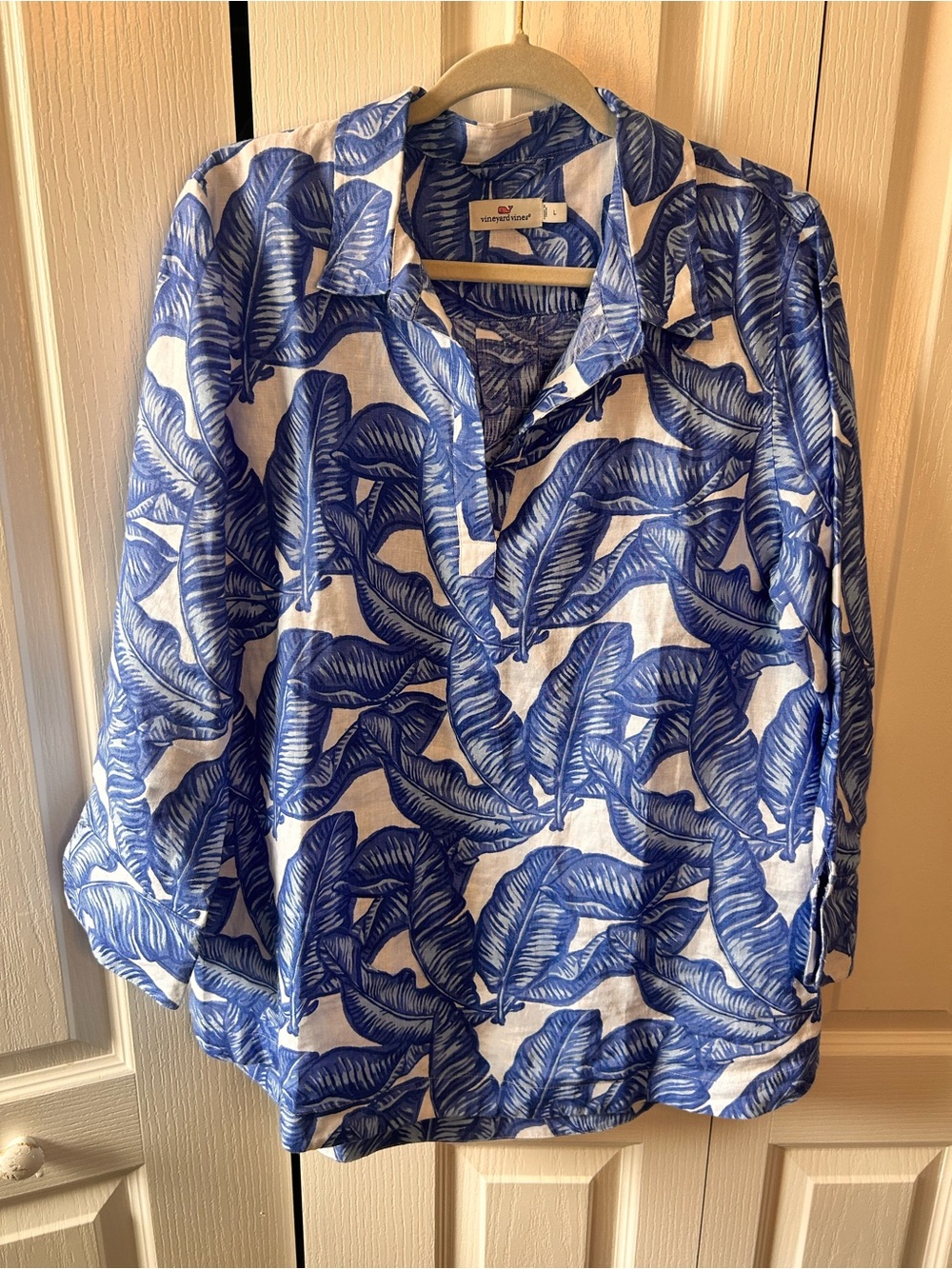 Vineyard Vines Women’s Large 100% Linen Blue White Banana Leaf Lucaya Tunic Top